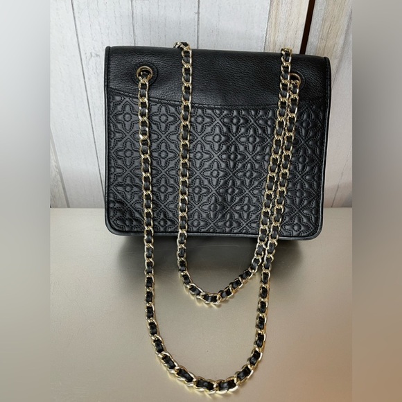 Tory Burch Bryant Medium Black Leather Womens Chain Shoulder Bag Floral Print - Picture 1 of 12